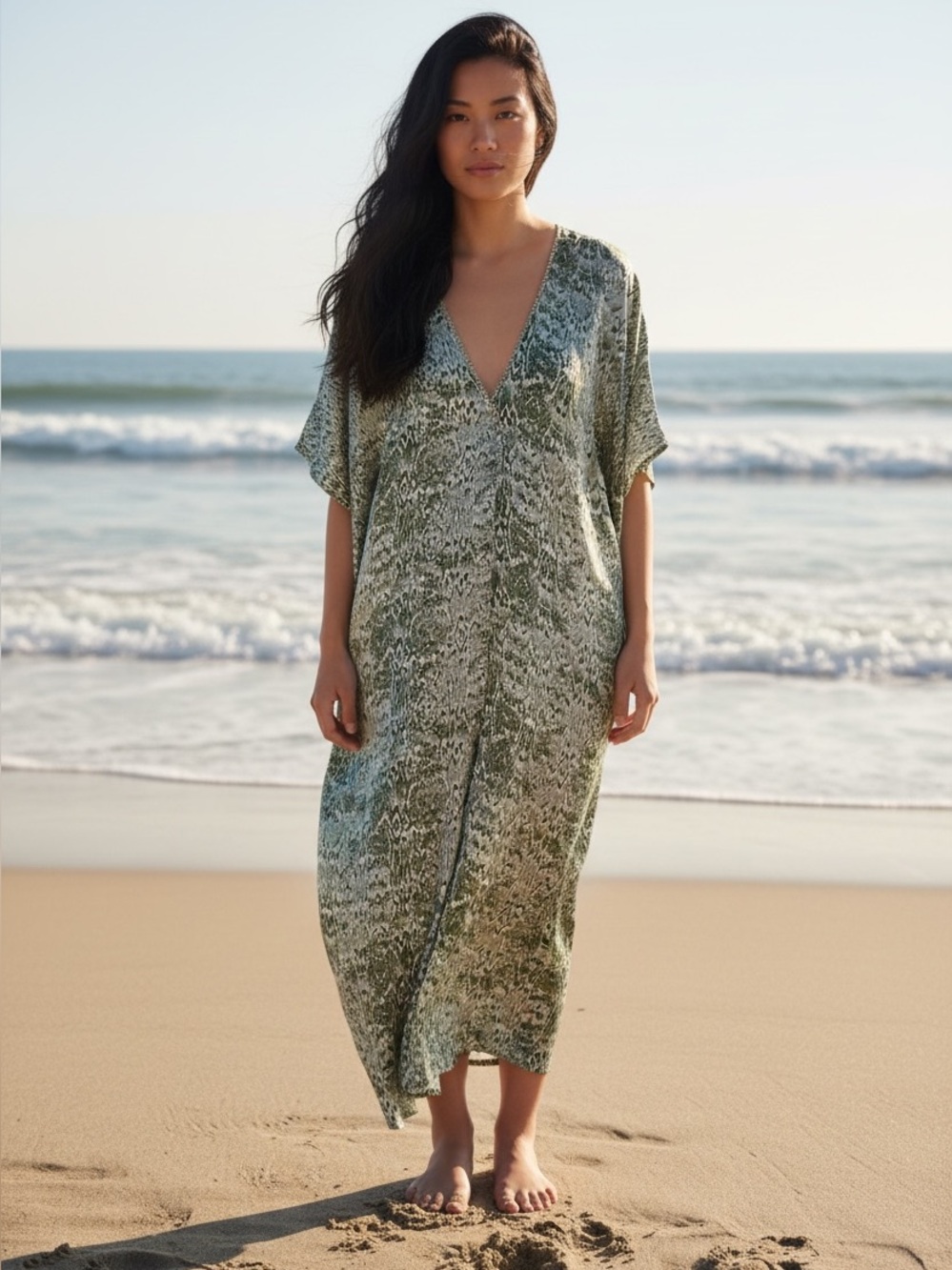 NWT Muche Muchette Rhinestone Neck Caftan Swim Coverup Beach Casual Dress Green